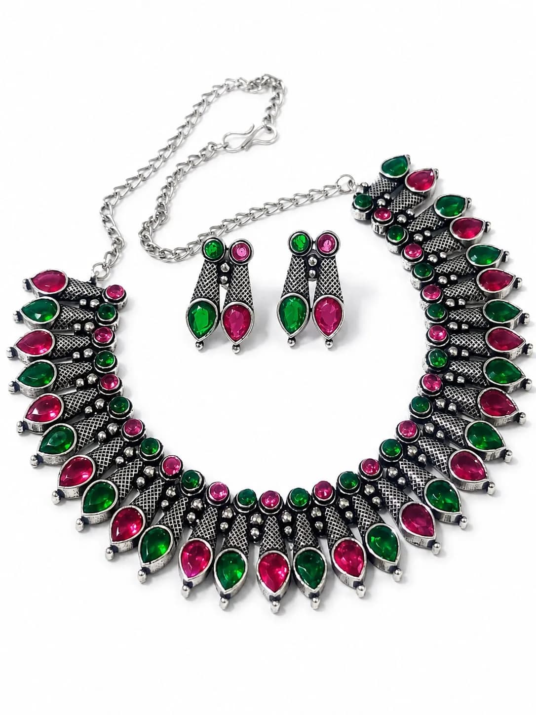 Niyanara Oxidised Silver Stone Choker Set