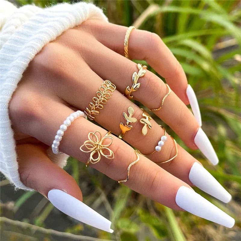 Niyanara Women Set of 10 Gold Plated Adjustable Floral Finger Ring