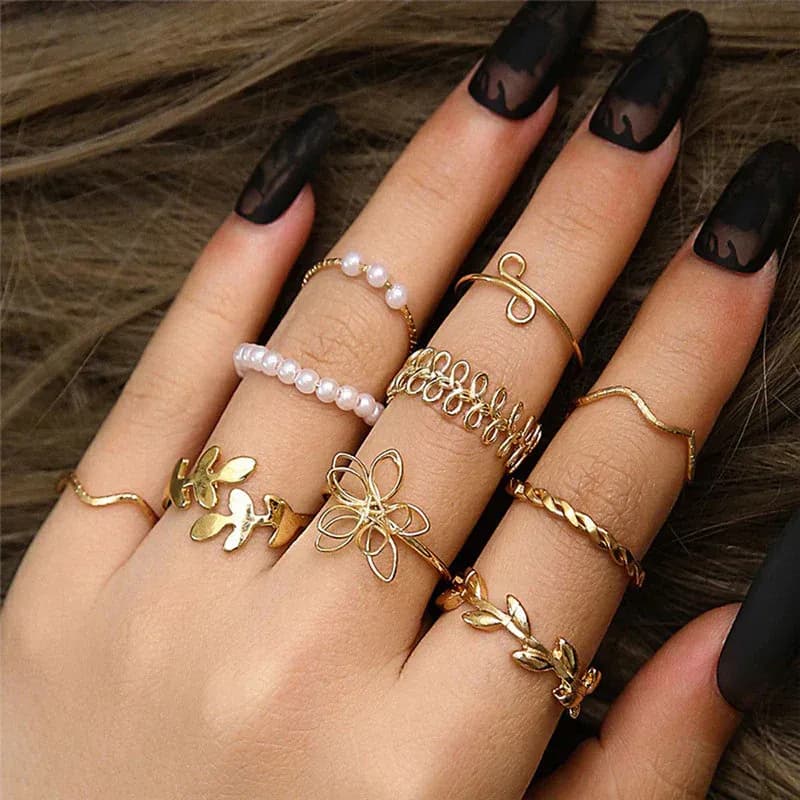 Niyanara Women Set of 10 Gold Plated Adjustable Floral Finger Ring
