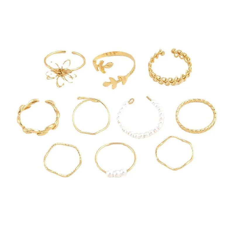 Niyanara Women Set of 10 Gold Plated Adjustable Floral Finger Ring