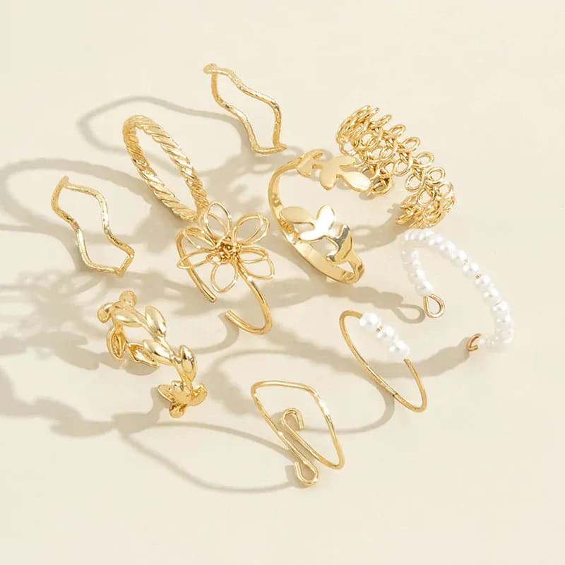 Niyanara Women Set of 10 Gold Plated Adjustable Floral Finger Ring