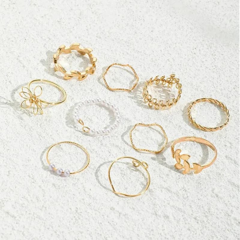 Niyanara Women Set of 10 Gold Plated Adjustable Floral Finger Ring