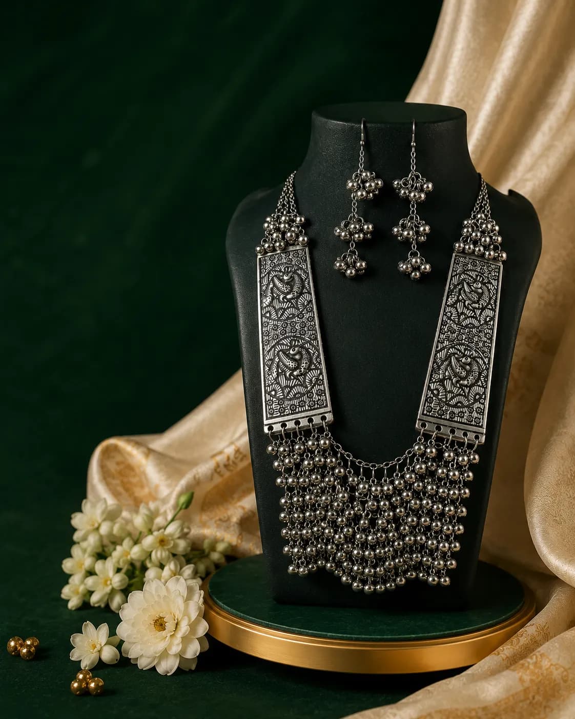 Niyanara Oxidised Silver Ghungroo Necklace Set with matching ghungroo Earrings