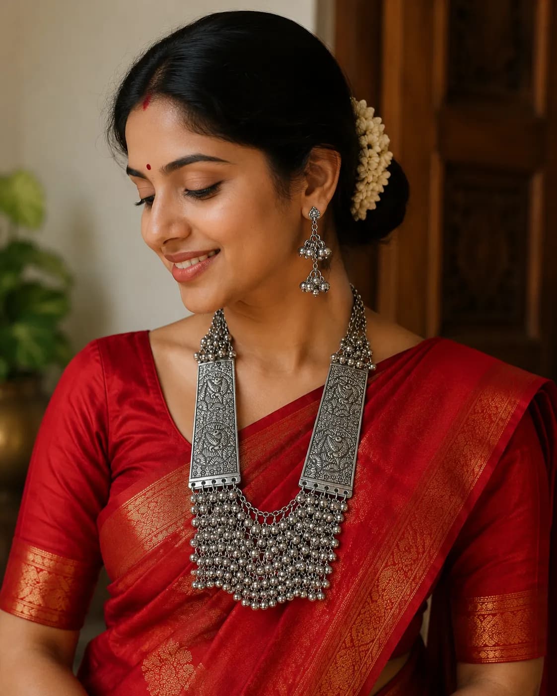 Niyanara Oxidised Silver Ghungroo Necklace Set with matching ghungroo Earrings
