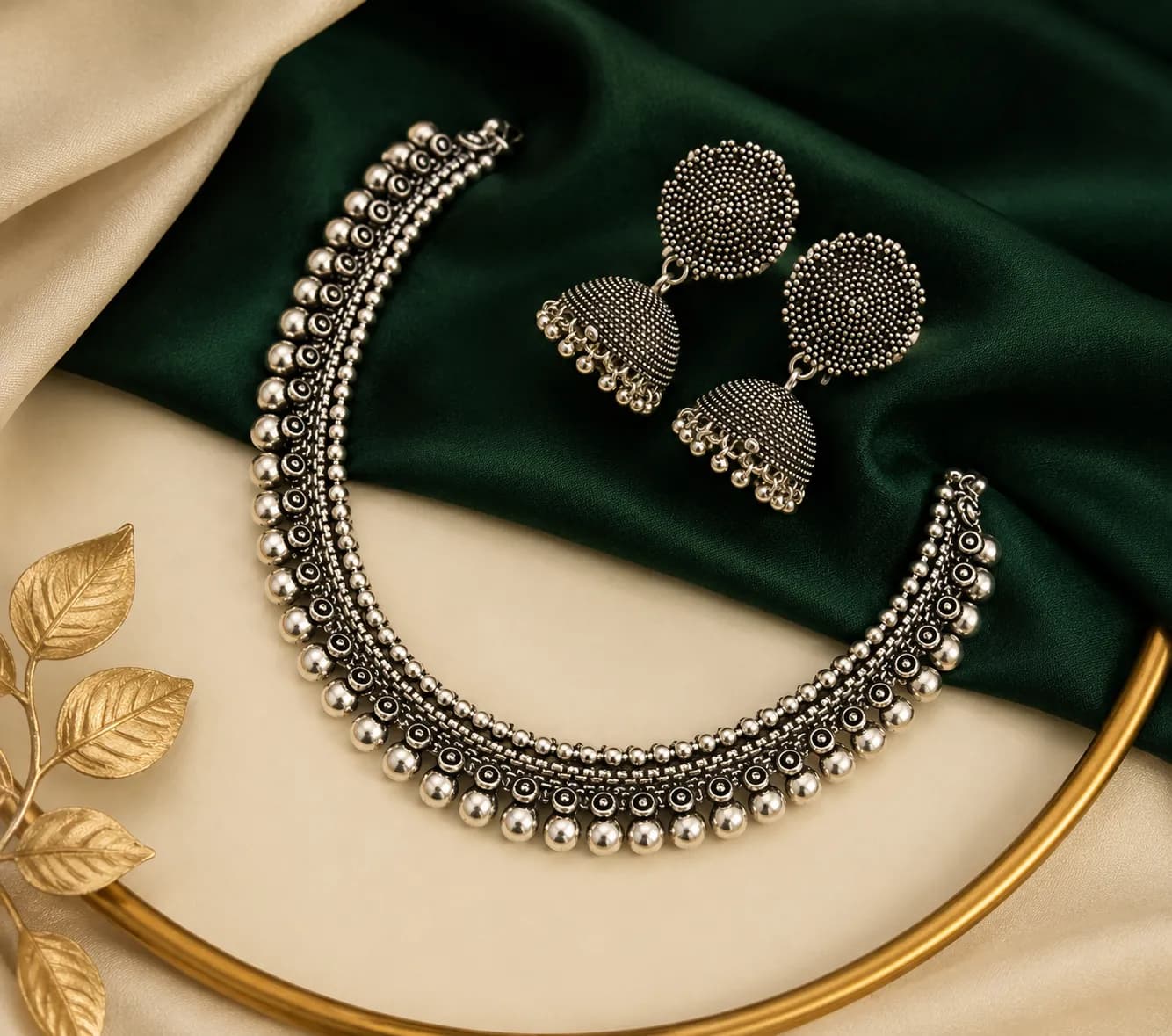 Niyanara Oxidised Silver Brass Chain Choker Necklace Set