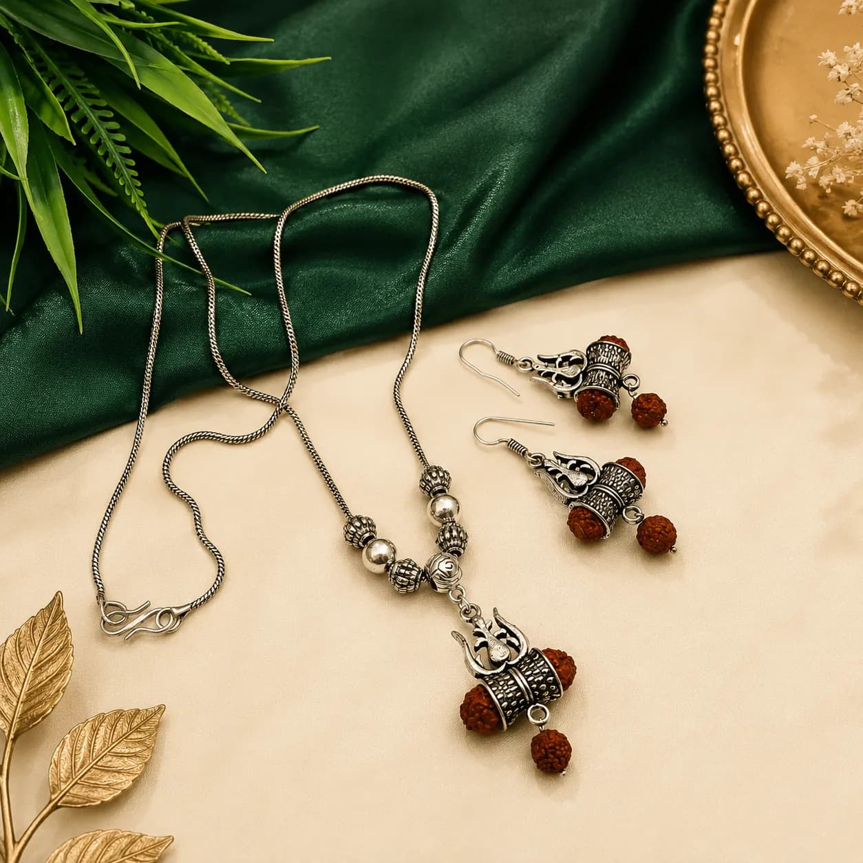Niyanara Thrisul Rudraksh Chain Necklace
