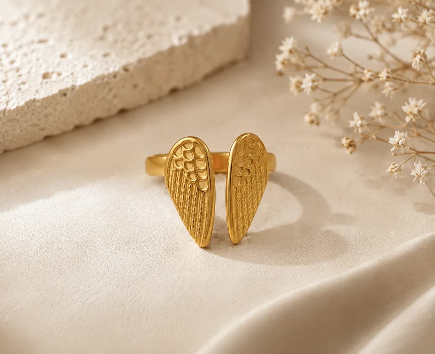 Niyanara Antitarnish Gold-Plated "Wings of Hope" Adjustable Stainless Steel Ring