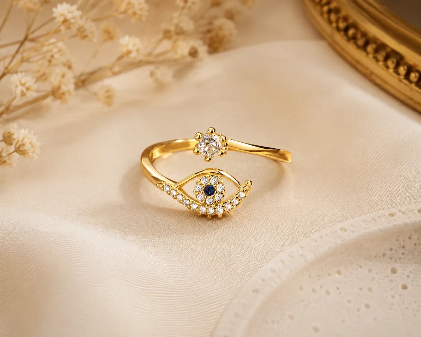 Niyanara Antitarnish Stainless Steel Gold-Plated Contemporary Evil Eye Adjustable Ring