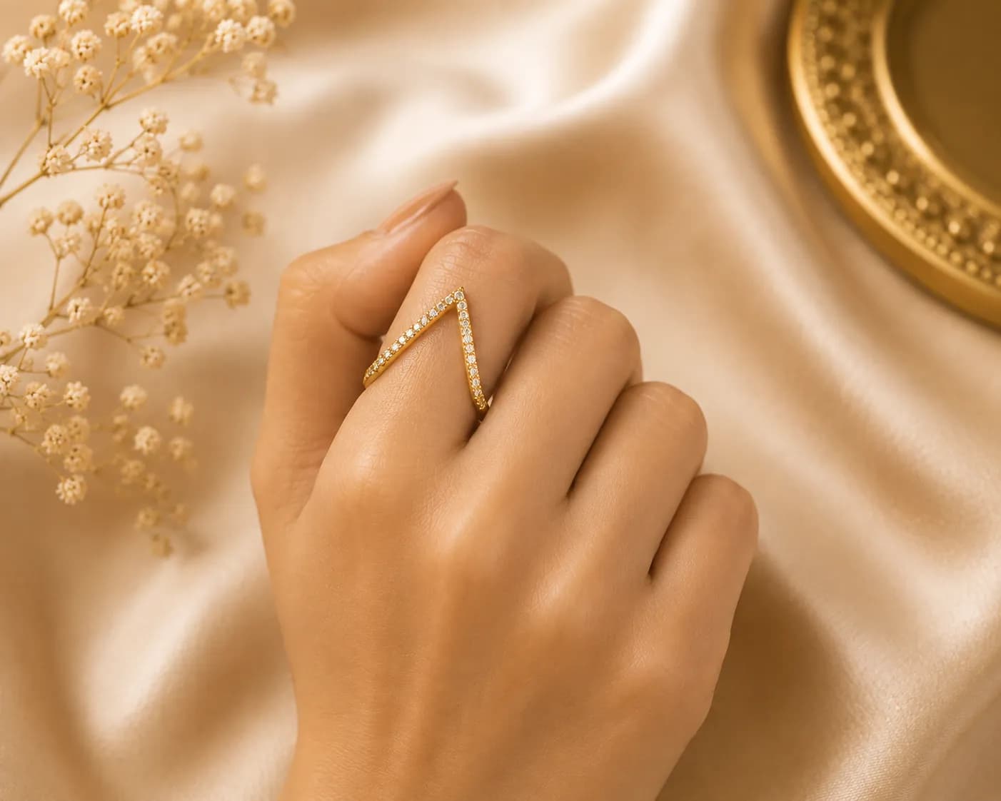 Niyanara Antitarnish Gold-Plated V-Shaped CZ Studded Adjustable Ring