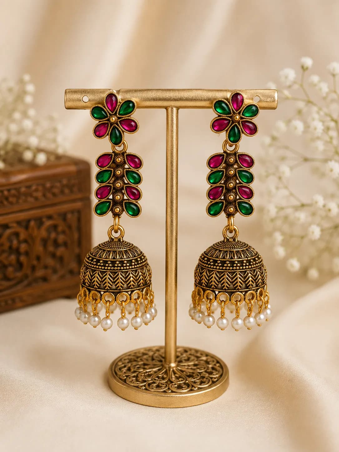 Niyanara Emerald & Ruby Floral Jhumki Earrings