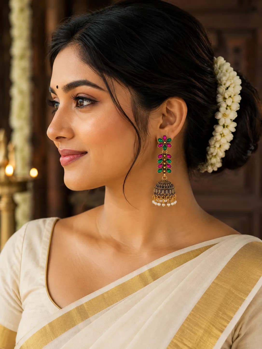 Niyanara Emerald & Ruby Floral Jhumki Earrings