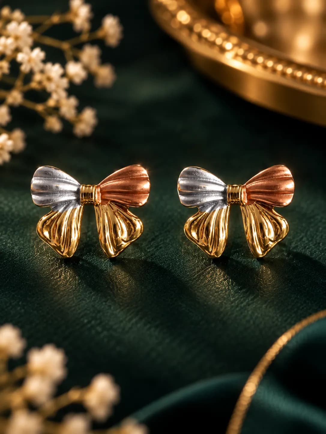 Niyanara Tricolor Bow Luxe Korean Earrings for Women