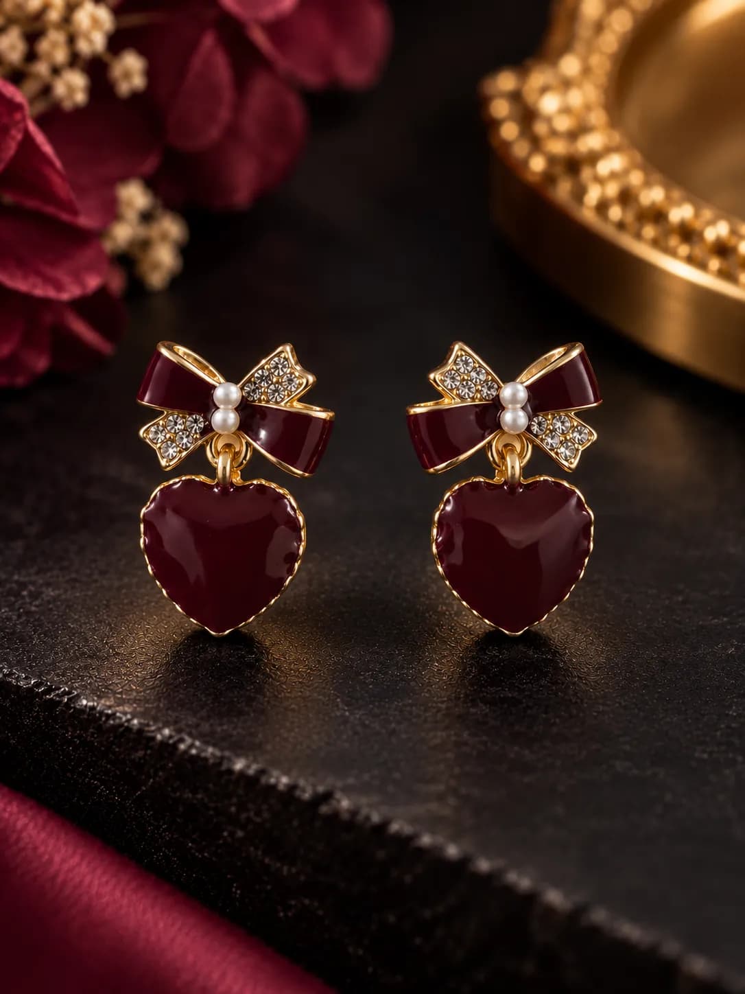 Niyanara Bordeaux Bow Heart Earrings for Women