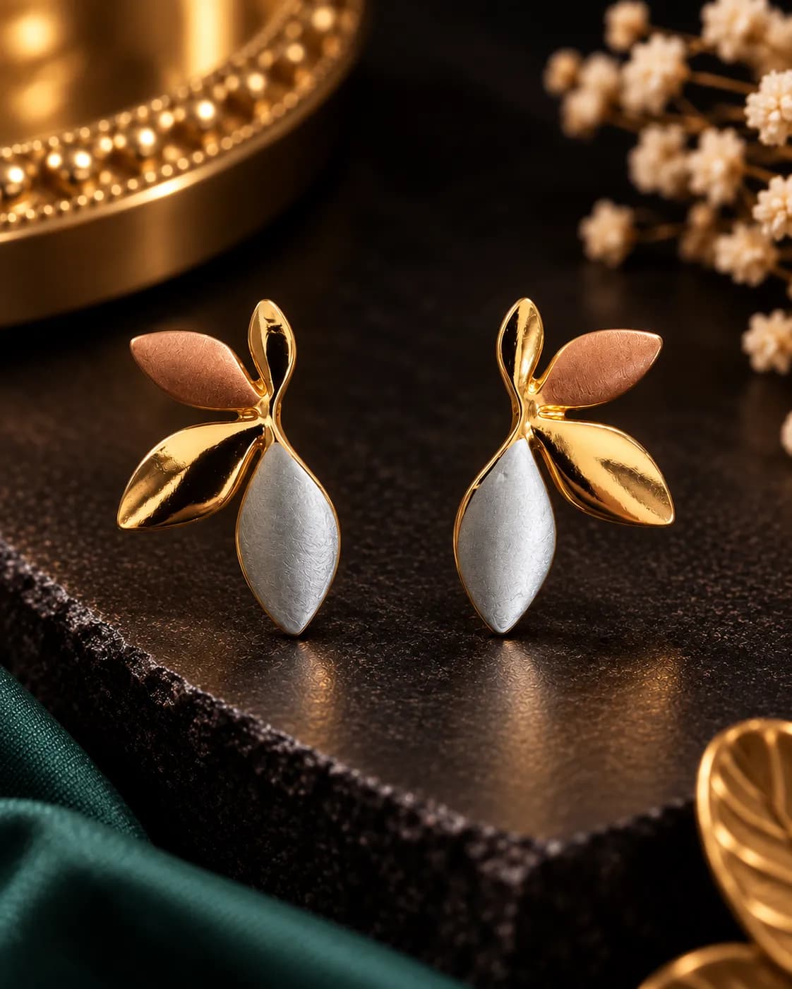 Niyanara Golden Leaf Trio Korean Earrings for Women