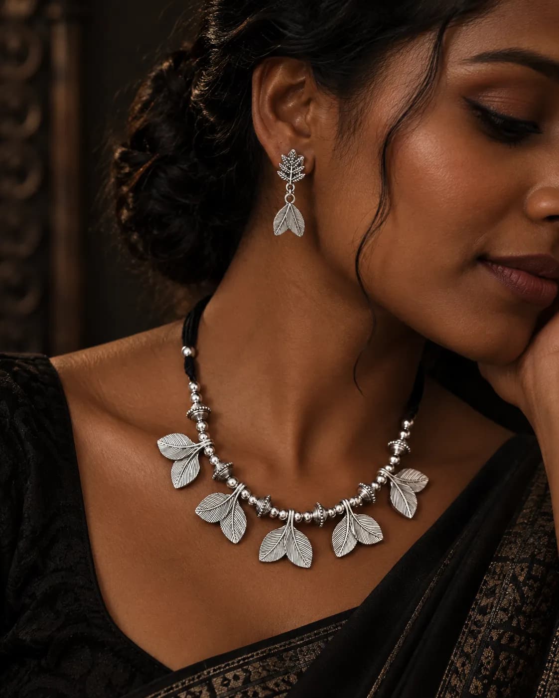 Niyanara Oxidised Leaf Choker Necklace with Earrings for Women