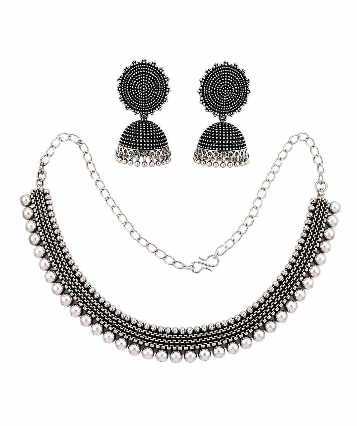 Oxidised Brass Silver-tone Chain Choker Necklace Set