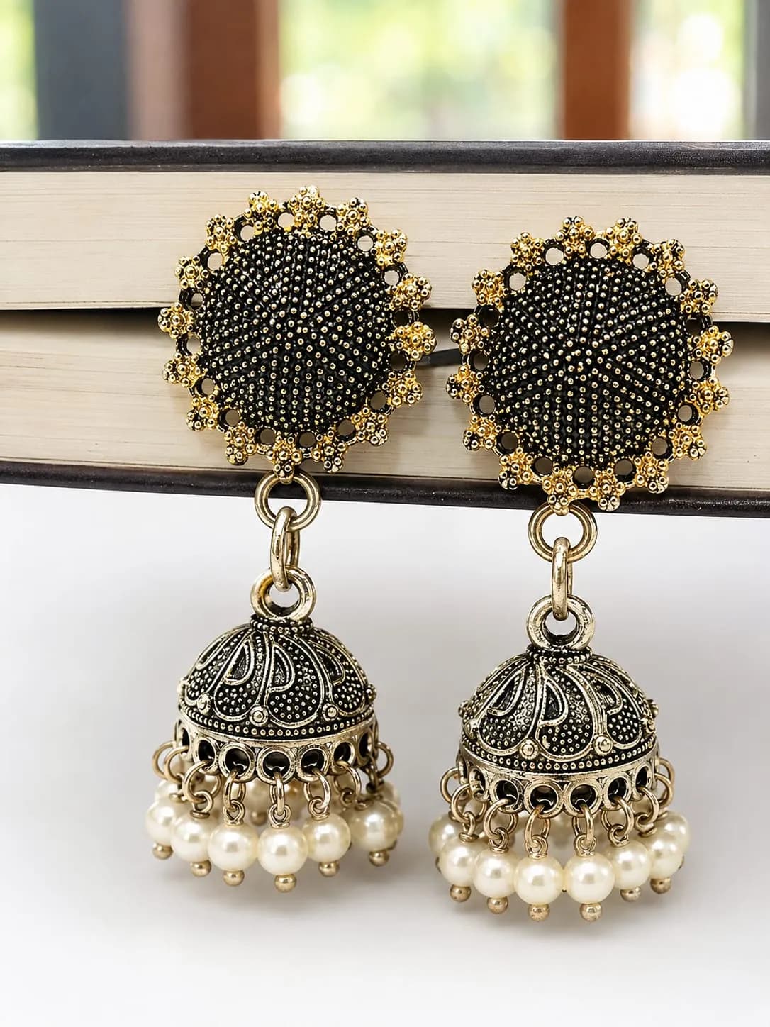 Niyanara Oxidised Two Tone Necklace with Jhumki earrings for Women
