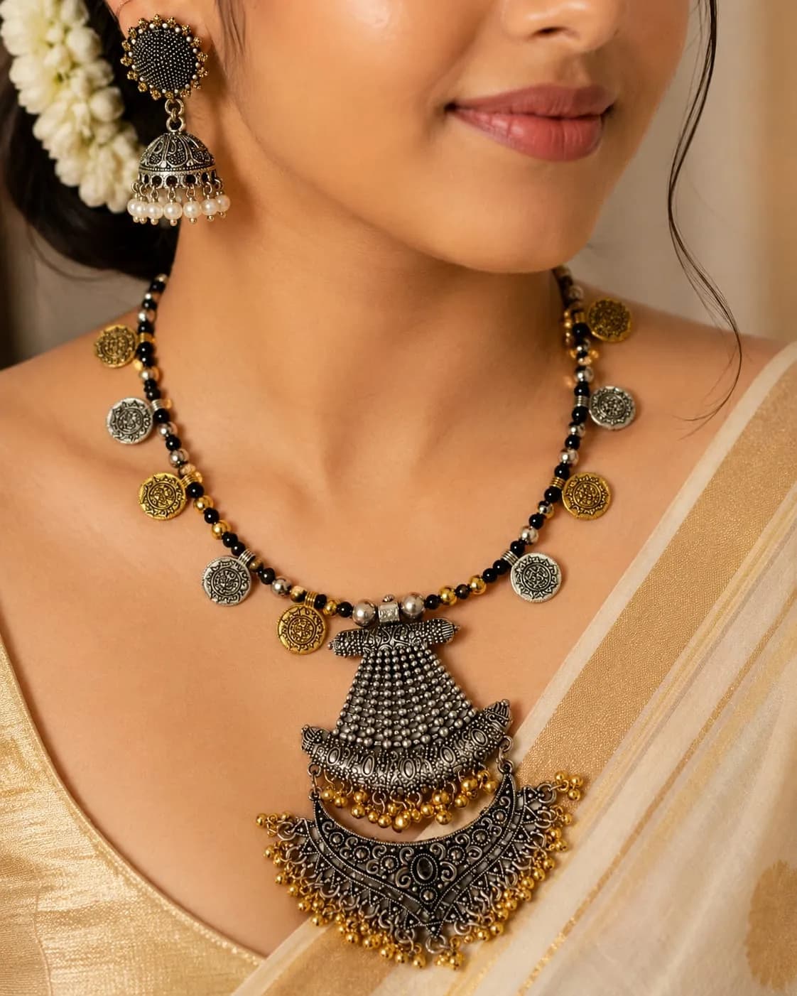 Niyanara Oxidised Two Tone Necklace with Jhumki earrings for Women