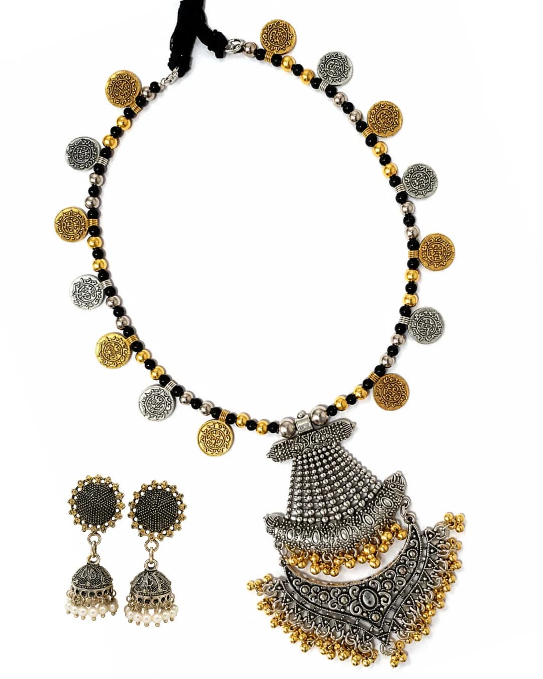 Niyanara Oxidised Two Tone Necklace with Jhumki earrings for Women