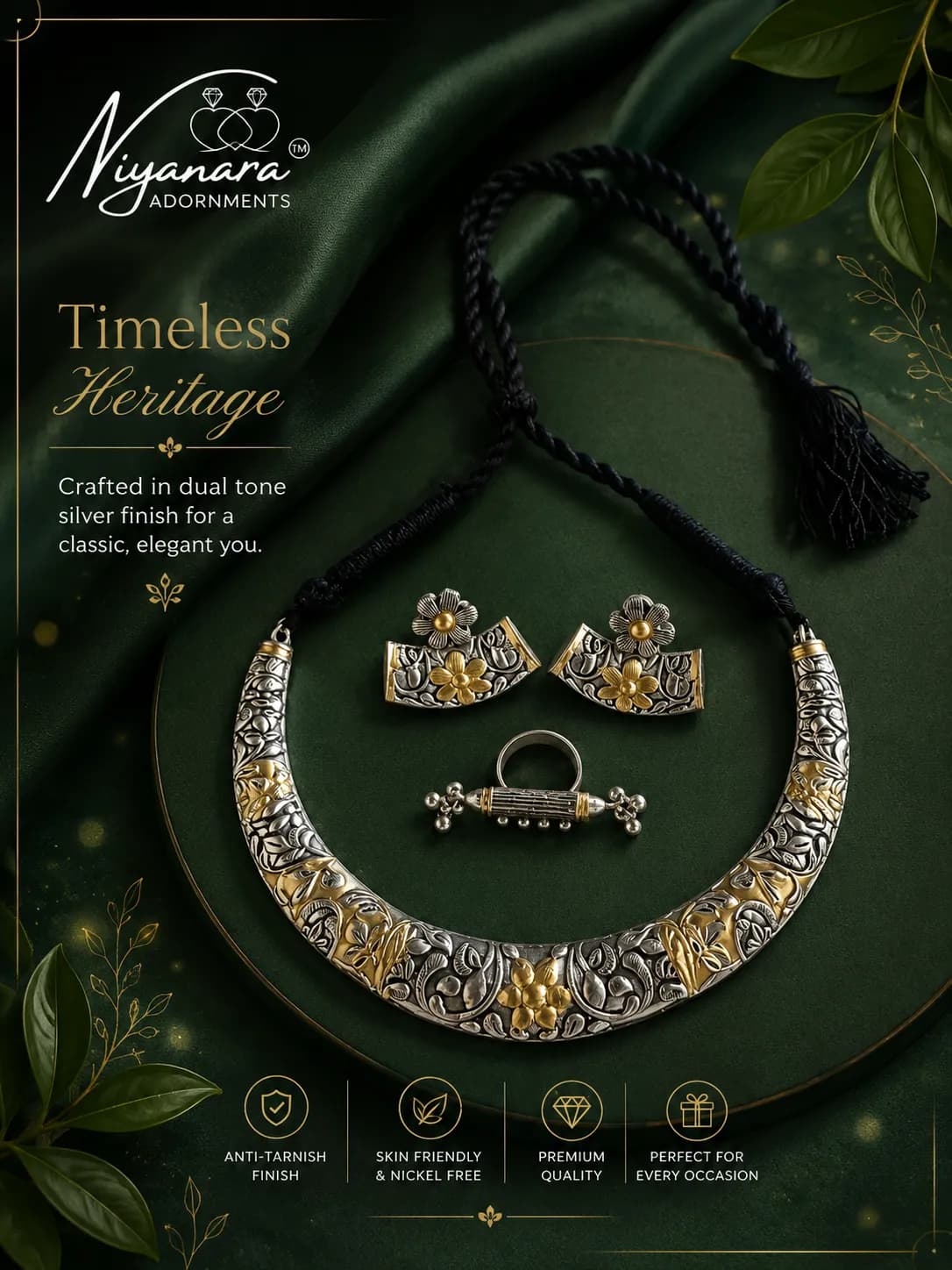 Niyanara Oxidised Silver Two Tone Hasli Necklace with Earrings and Ring Combo for Women
