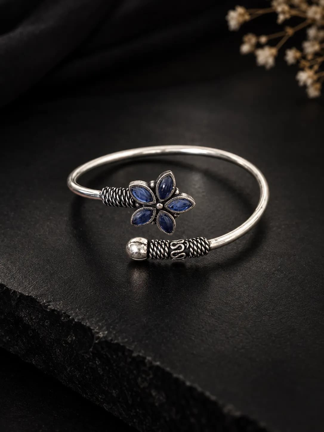 Niyanara Oxidised Silver Bloom Adjustable Bangle for Women