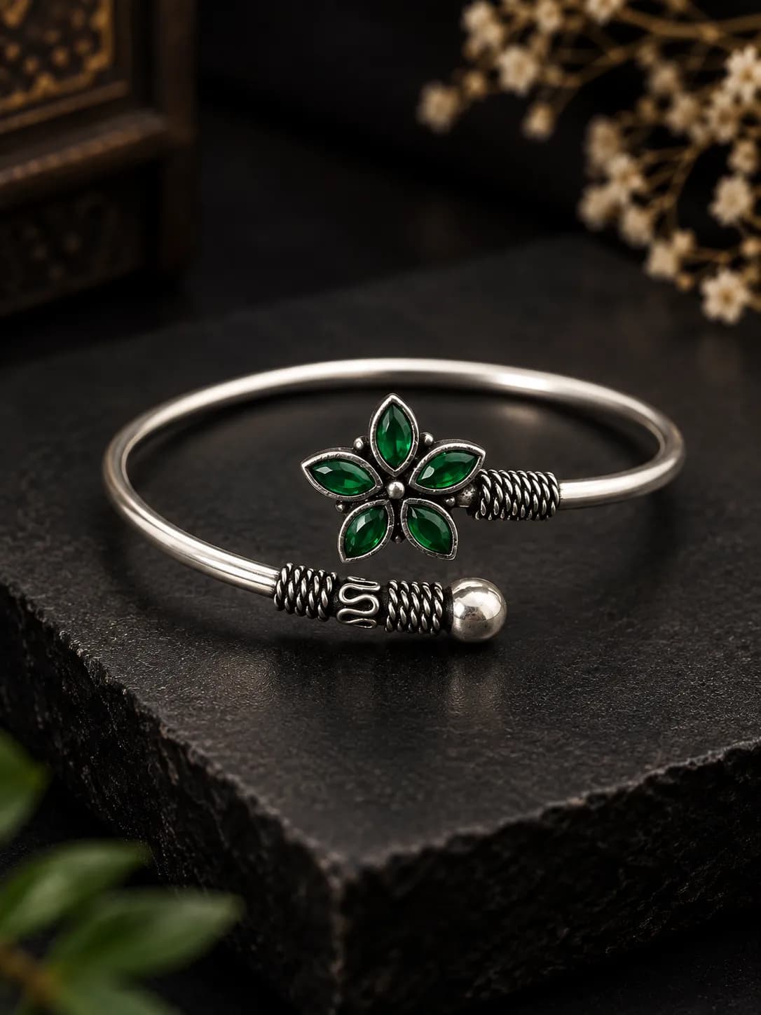 Niyanara Oxidised Silver Bloom Adjustable Bangle for Women