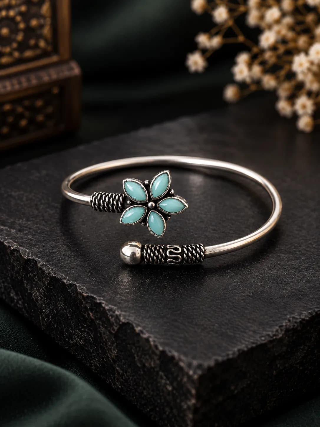 Niyanara Oxidised Silver Bloom Adjustable Bangle for Women