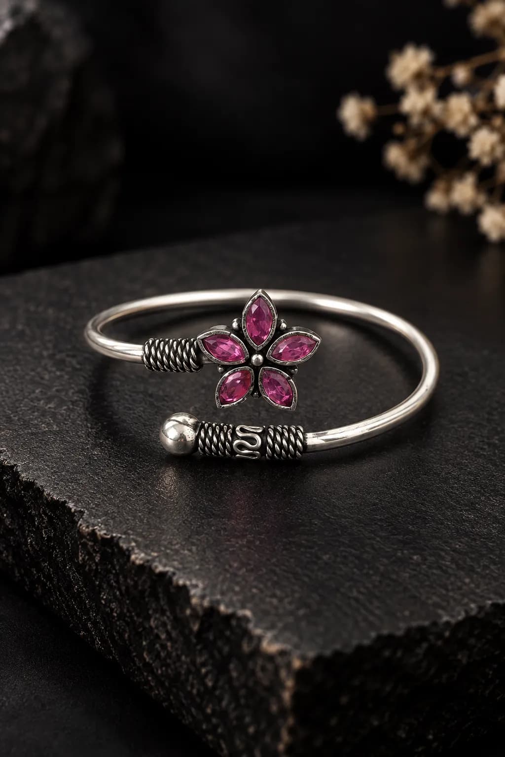 Niyanara Oxidised Silver Bloom Adjustable Bangle for Women