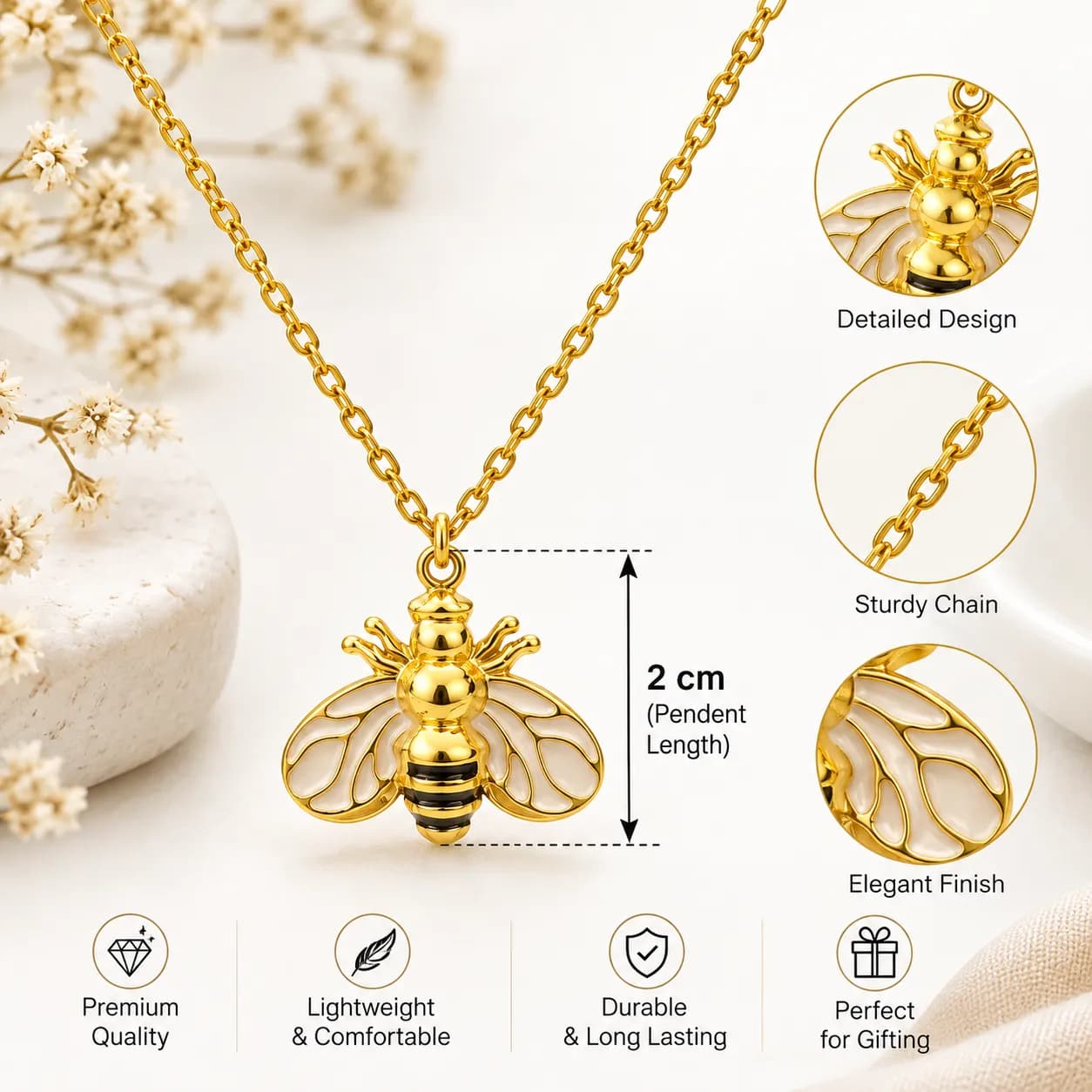 Niyanara 304 Stainless Steel Gold Plated Bee Pendant Neckchain for Women