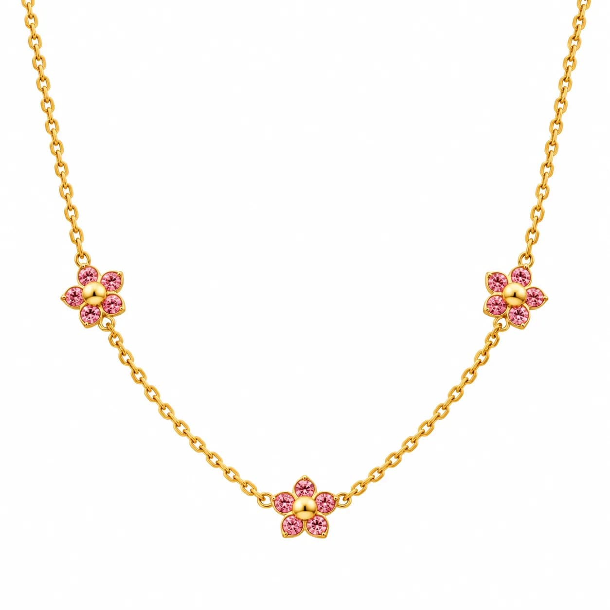 Niyanara 304 Stainless Steel Gold Plated Pink Stone Flower Neckchain for Women