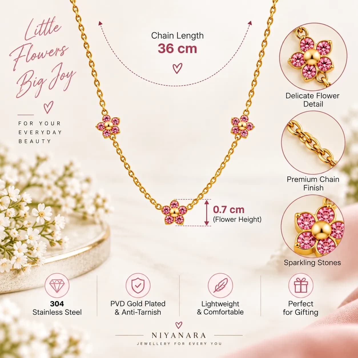 Niyanara 304 Stainless Steel Gold Plated Pink Stone Flower Neckchain for Women