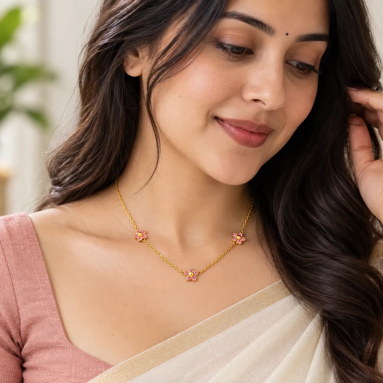 Niyanara 304 Stainless Steel Gold Plated Pink Stone Flower Neckchain for Women