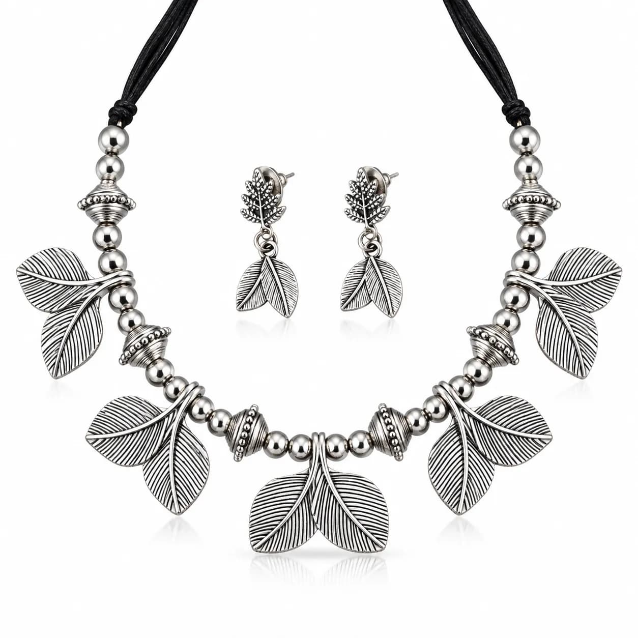 Oxidised Leaf Choker Necklace with Earrings
