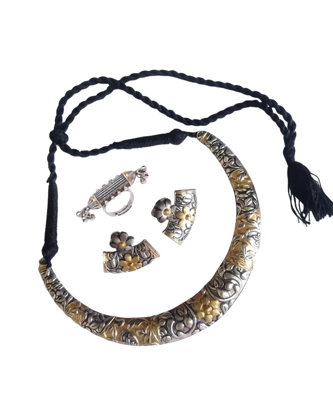 Oxidised Silver Two Tone Hasli Necklace with Earrings and Ring Combo