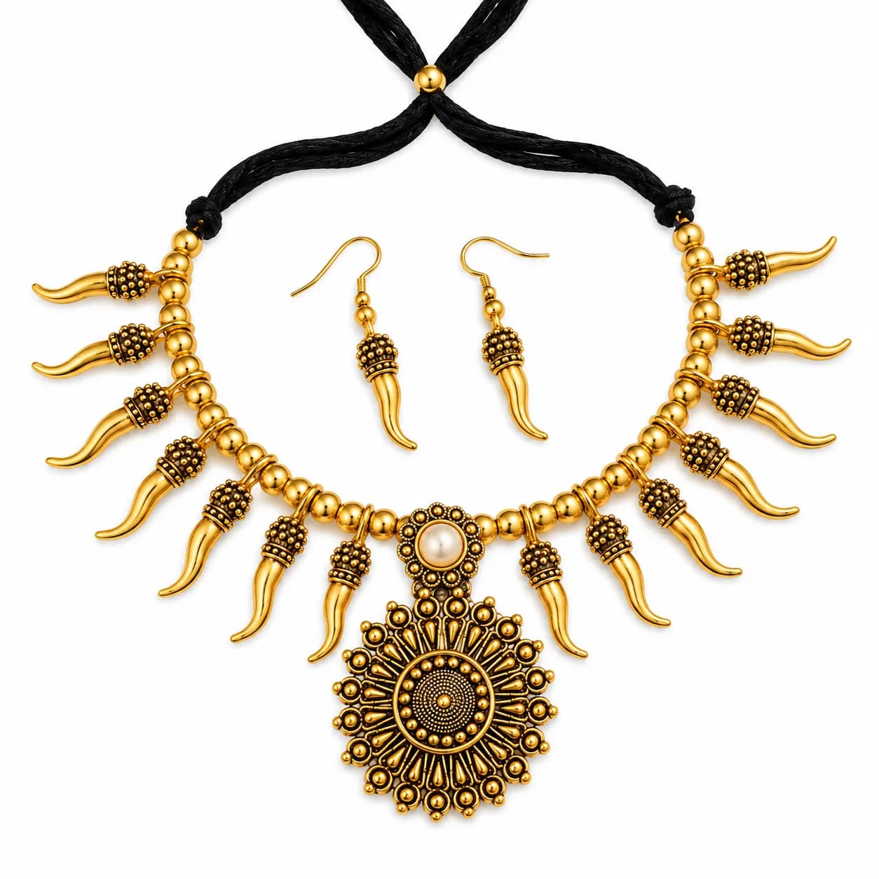 Oxidised Brass Gold-Toned Traditional Choker Necklace & Earring Set