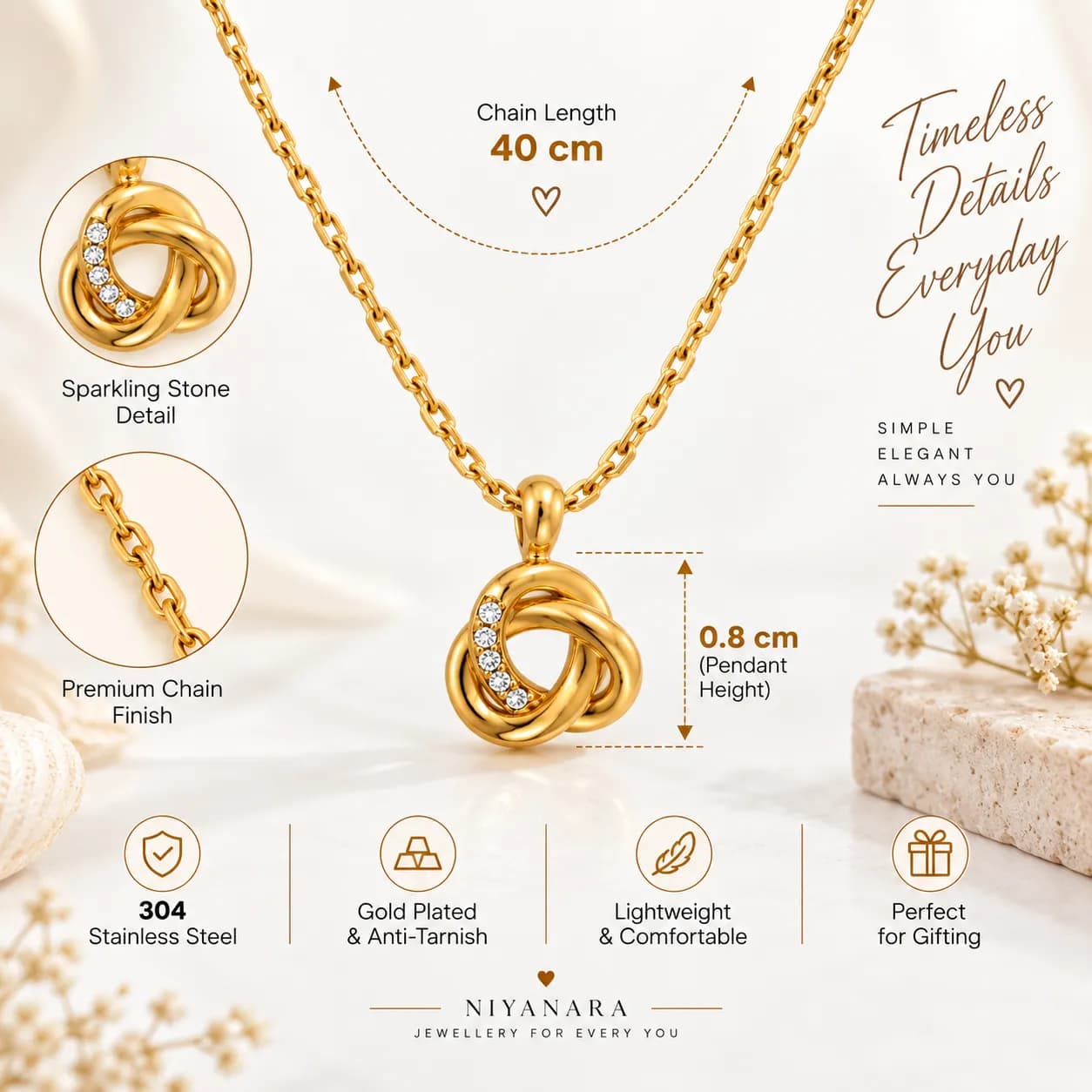 Niyanara 304 Stainless Steel Gold Plated Knot Pendant with Neckchain for Women