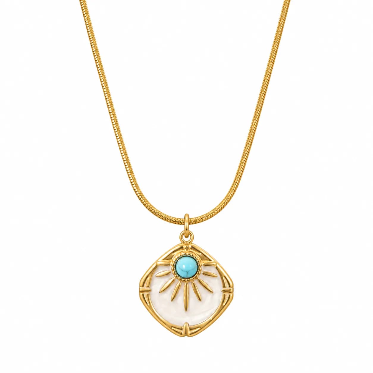 Niyanara 304 Stainless Steel Gold Plated Sunburst Turquoise Pendant with Neckchain for Women