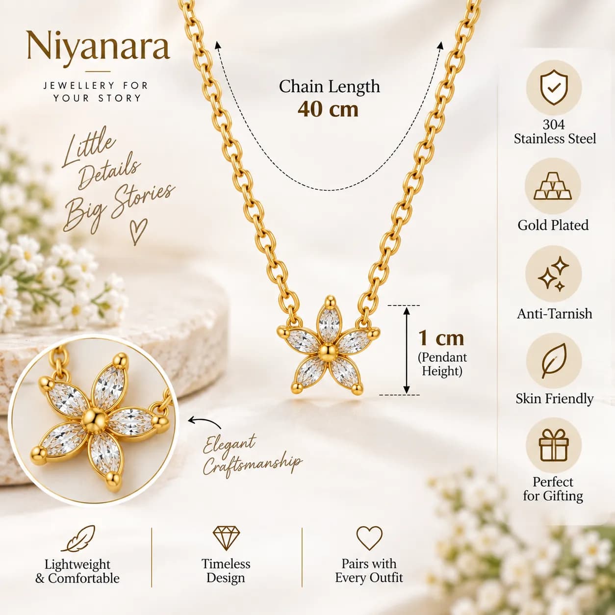 Niyanara 304 Stainless Steel Gold Plated Crystal Flower Pendant with Neckchain for Women