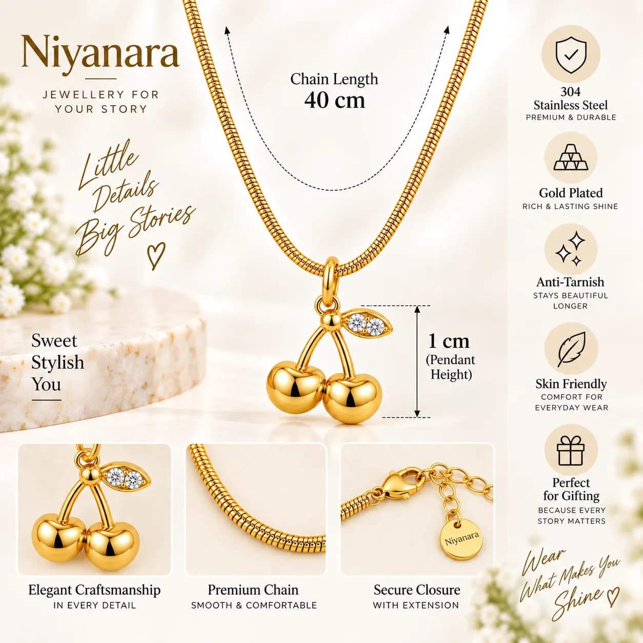 Niyanara 304 Stainless Steel Gold Plated Cherry Pendant with Neckchain for Women