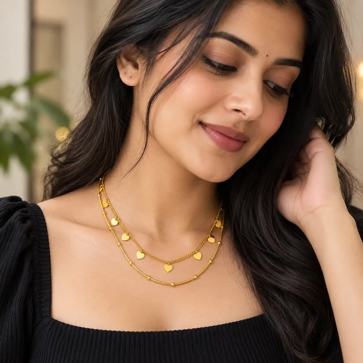 Niyanara 316L Stainless Steel PVD Gold Plated Layered Charm Neckchain for Women