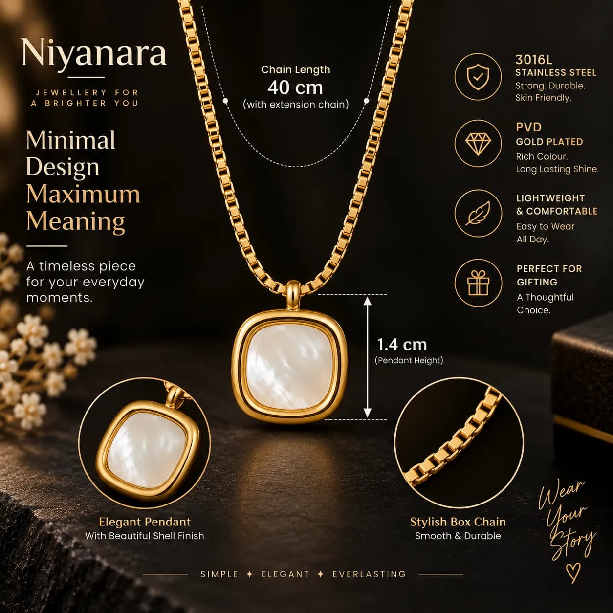 Niyanara 316L Stainless Steel PVD 18K Gold Plated Mother of Pearl Square Pendant with Neck Chain for Men