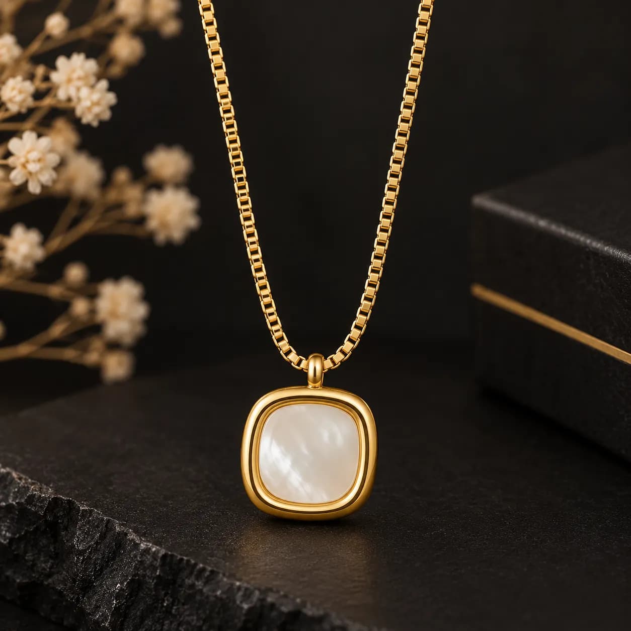Niyanara 316L Stainless Steel PVD 18K Gold Plated Mother of Pearl Square Pendant with Neck Chain for Men