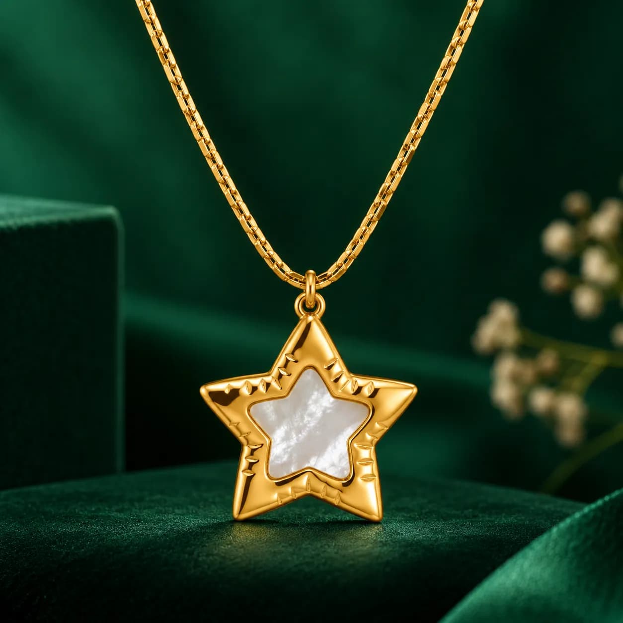 Niyanara 316L Stainless Steel 18K PVD Gold Plated Star Mother of Pearl Pendant Neck Chain for Women