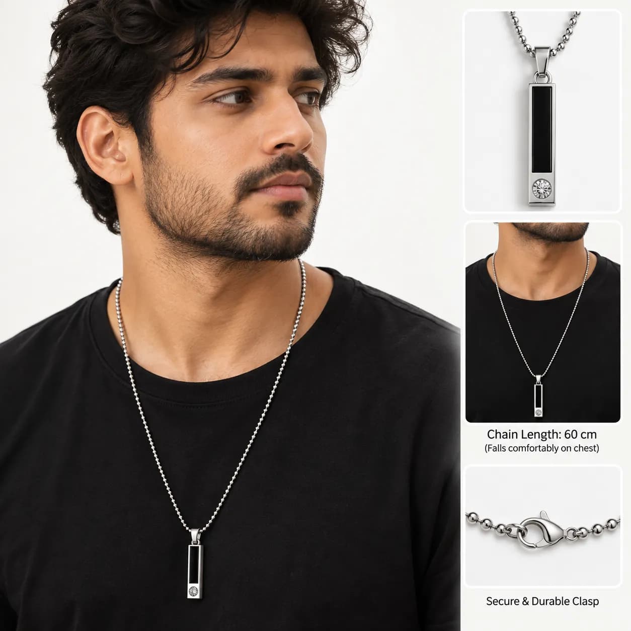 Niyanara Rectangular Black Inlay Pendant for Men