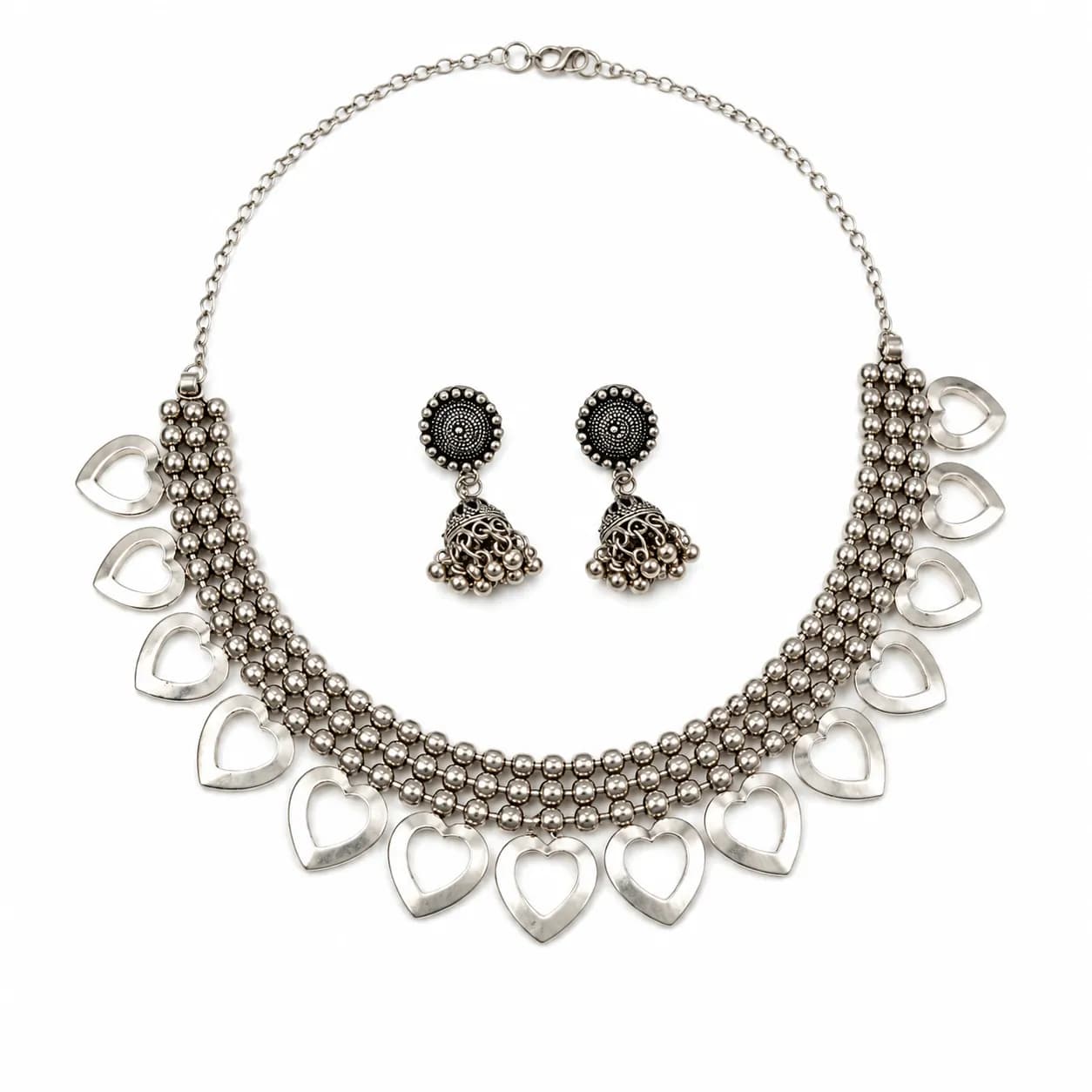 Oxidised Brass Silver-Tone Chain Choker Necklace Set