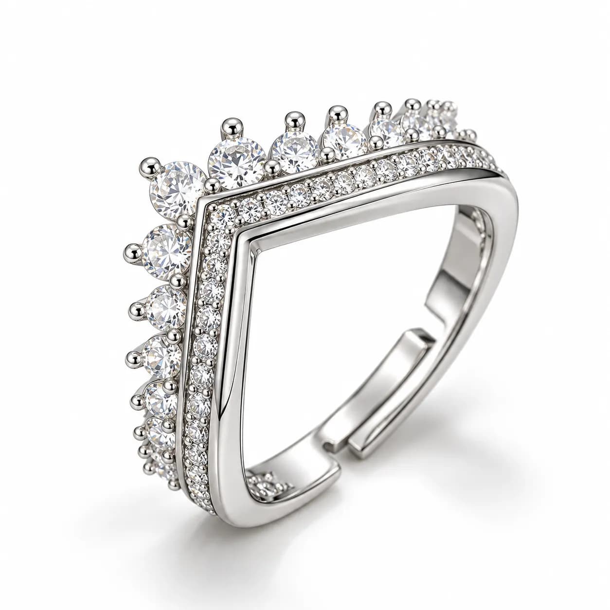 Stainless Steel Silver Plated American Diamond V-Shape Adjustable Ring