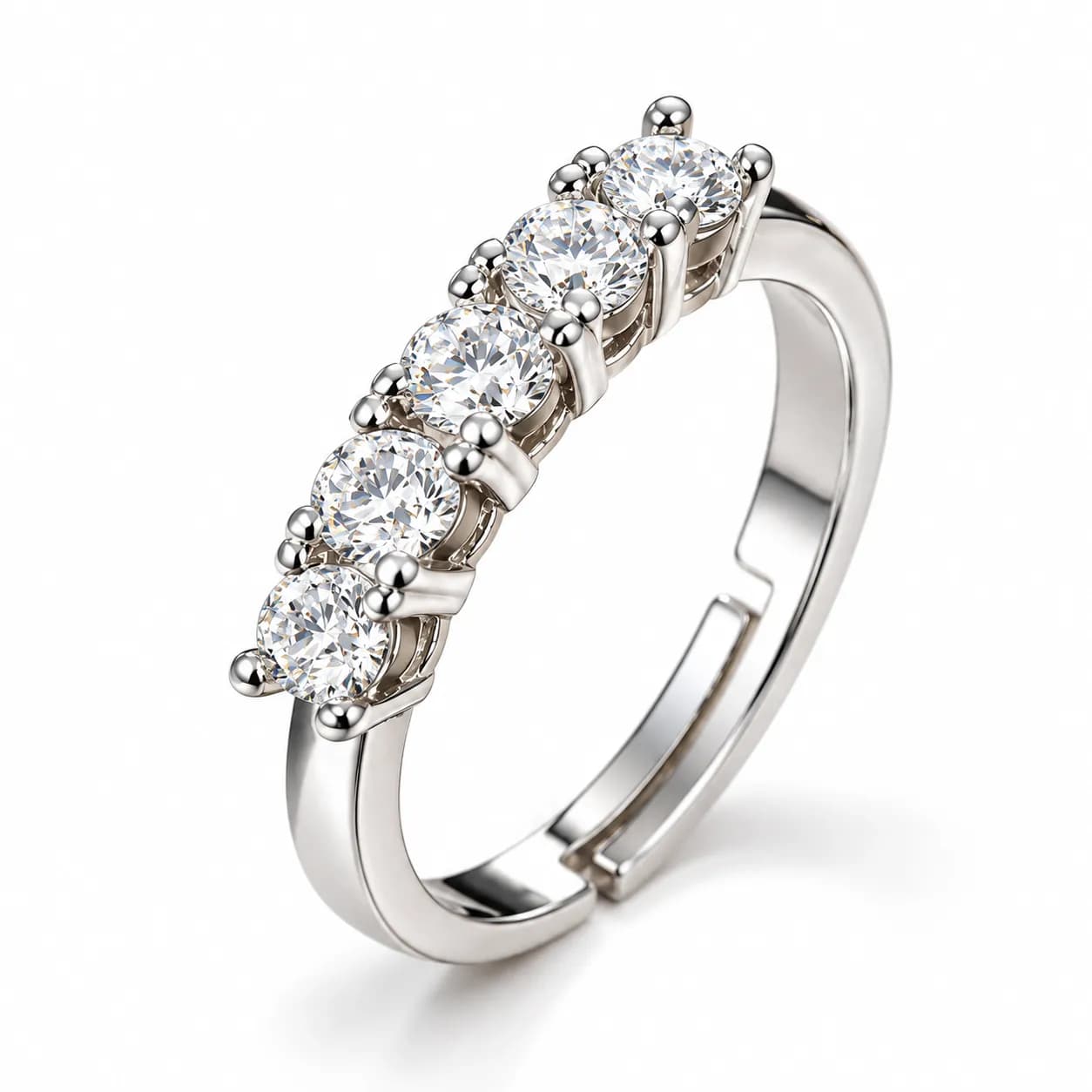 Stainless Steel Silver Plated American Diamond Round Cut Adjustable Ring