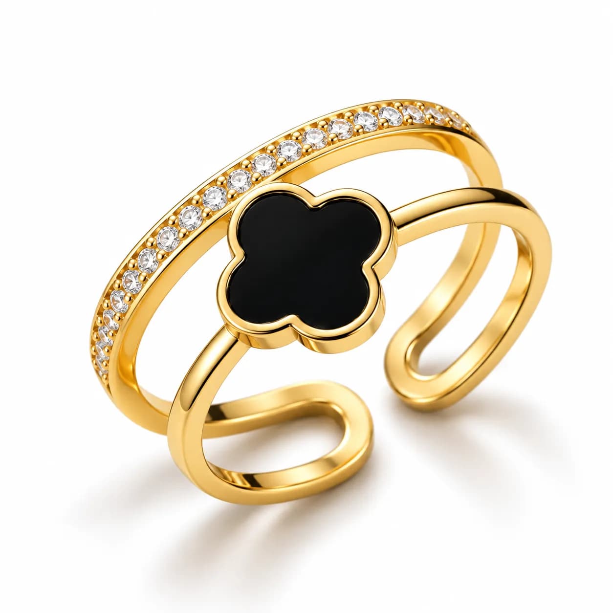 Stainless Steel Gold Plated Clover Themed Adjustable Ring