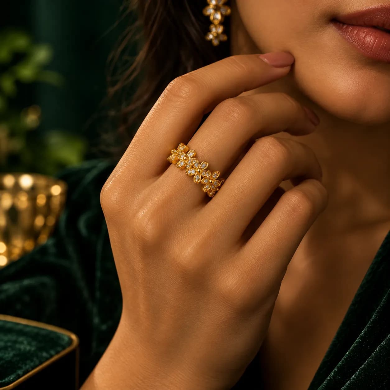 Stainless Steel Gold Plated Floral Themed Adjustable Ring