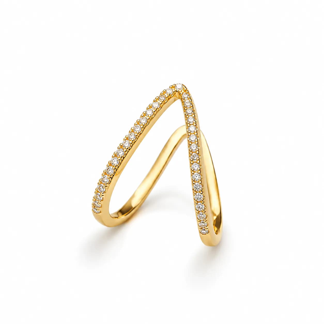 Stainless Steel Gold-Plated V-Shaped CZ Studded Adjustable Ring